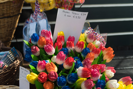 MARKEN, NETHERLANDS - AUGUST 27, 2016: Colorful wooden tulips in a souvenir shop in the netherlandsのeditorial素材