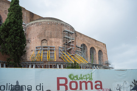 monumental building in Rome being supported because of the construction of the new subway line "linea C"のeditorial素材