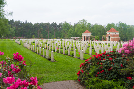 HOLTEN, NETHERLANDS - APRIL 29, 2018: Well maintained graves of fallen canadian soldiers during WW2 on the canadian war cemetaryのeditorial素材