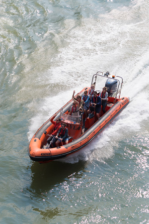 ROTTERDAM, NETHERLANDS - SEPTEMBER 3, 2017: high speed motor boat with tourists during the Rotterdam port daysのeditorial素材