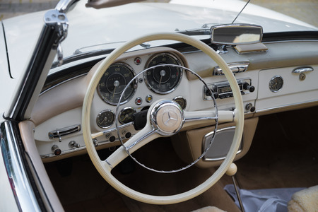 NIJVERDAL, NETHERLANDS - SEPTEMBER 17, 2017: Steering wheel and interior of a vintage Mercedes Benz...