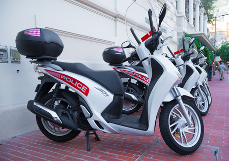 MONACO - OCTOBER 22, 2017: Honda motor bikes of the Monaco police standing in front of the police stationのeditorial素材