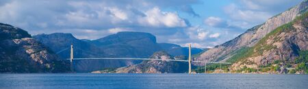 Lysefjord suspension bridge over the Lysefjord. Construction on the 639-metre-long (2,096 ft) bridge...