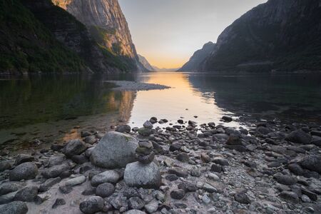 sunset over the beginning of the Lysefjord in Lysebotn, Norway