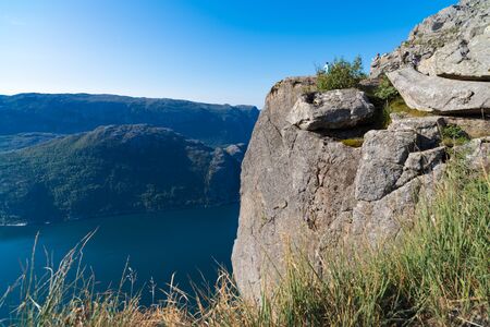 Stunning view on Pulpit Rock. The Pulpit Rock or Preacherâs Chair is a tourist attraction in the municipality of Forsand in Rogaland countyの写真素材