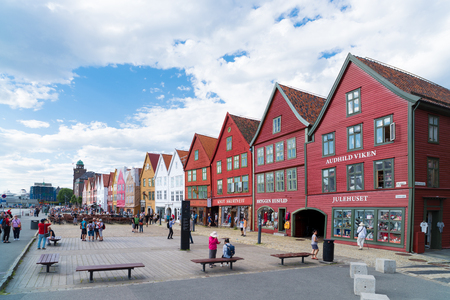 BERGEN, NORWAY - JULY 28, 2018: View of historical buildings in Bryggen- Hanseatic wharf. Bryggen has been on the UNESCO World Heritage List since 1979.のeditorial素材