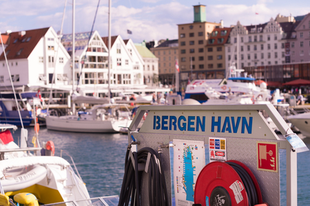 BERGEN, NORWAY - JULY 28, 2018: Detail of the port of Bergen (Bergen Havn). The port has 5,500 meters of quays with draft at 11 meters.のeditorial素材