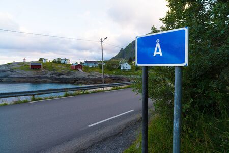 place name sign of the small fishermen's village of Ã on the Lofoten islands in the northern part of norwayの写真素材
