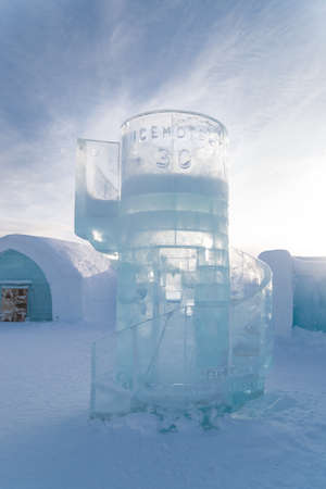 JUKKASJARVI, SWEDEN, FEBRUARY 24, 2020:  The ice hotel and art exhibition is made of ice from the river Torne, each year reincarnated in a brand new design. A place to discover silence, northern lights, glistening snow clad forests, reindeer, cloudberriesのeditorial素材