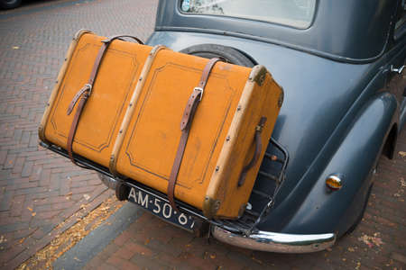 USSELO, NETHERLANDS - OCTOBER 21, 2018: large brown suitcase on a 1948 Mercedes-Benz 170v at an exhibition of classic carsのeditorial素材