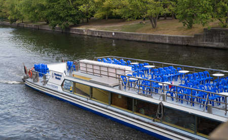 BERLIN, GERMANY - AUGUST 29, 2020: Empty passenger boat on the Spree river