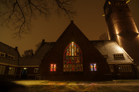 Lasonder church in Enschede, Netherlands. This church is a national monument and was designed by the architects Th. and J. Stuivenberg and built in 1927.の写真素材