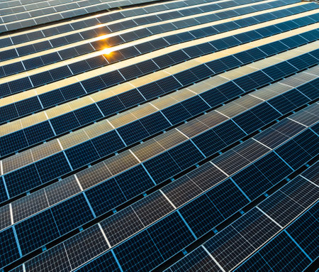 industrial warehouse with roof loaded with solar panelsの写真素材