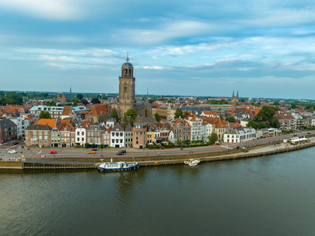 aerial view of Deventer, a medium city in the eastern Netherlands. The large church is the Lebuinus church, named after an English missionaryの写真素材