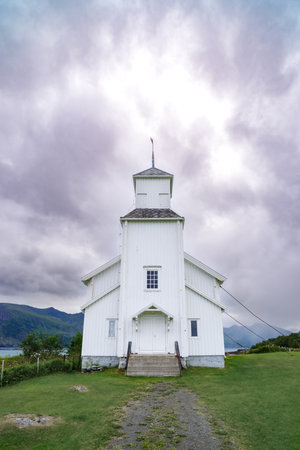 Gimsoy church in the Lofoten Islands. It is a parish church in the municipality of Vagan in Nordland county, Norway.の写真素材