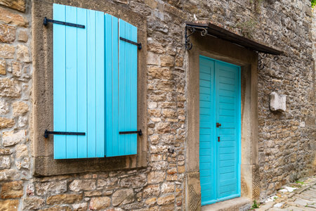 street view in the medieval village of groznjan, croatiaの写真素材