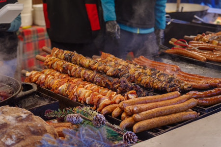 closeup of grilled meat during christmas market in krakow, polandの写真素材