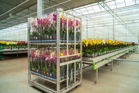 cultivation of orchids in a commercial greenhouseの写真素材