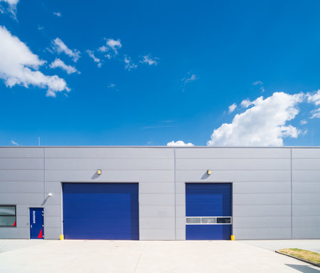 exterior of a modern warehouse with office unitの写真素材