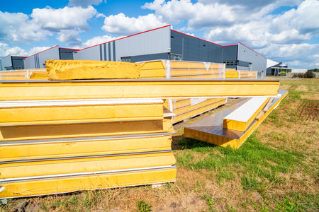 Stack of insulation material on a construction site.の写真素材