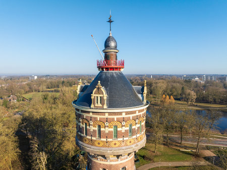 Aerial view of the Deventer water tower. Built in 1892 on the city's highest spot, it is still in use today. Its capacity is 500 cubic meters.の写真素材