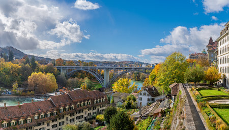 View on the city center of Bern, the capital of the country. The old center is surrounded by the Aare river.の写真素材