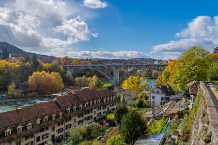 View on the city center of Bern, the capital of the country. The old center is surrounded by the Aare river.の写真素材