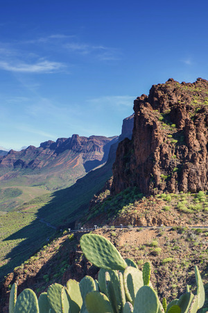 View on the valley of Degollada de Las Yeguas in the mountains of Gran Canaria, Spainの写真素材
