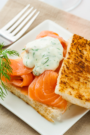 Smoked salmon with dill sauce on toastの写真素材