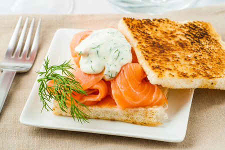 Smoked salmon sandwich with dill sauceの写真素材