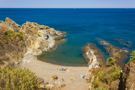 BANYULS-SUR-MER, FRANCE - JUNE 26: View over the small beach of Cap d'Ona, Banyuls-sur-Mer, coastal town in the south of France, Mediterranean sea, Roussillon, Pyrenees Orientales, Vermilion coast, Franceの写真素材