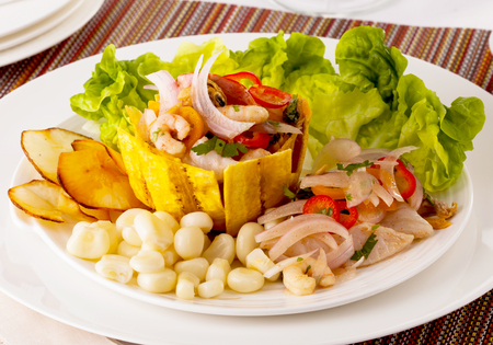 Seafood shellfish ceviche; raw fish and shellfish with lemon, cilantro. Traditional dish of Peru or Chileの写真素材