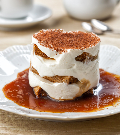 Chocolate and coffee dessert with whipped cream and sauce.の写真素材