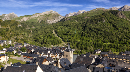 PANTICOSA, SPAIN - JUNE 6, 2017: The municipality of Panticosa, located in the province of Huesca, Aragon, Spain in between holiday seasons. In winter it is a popular ski resort, in summer it is a paradise for hikers and mountain climbers.のeditorial素材