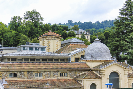 LA BOURBOULE, FRANCE - JULY 28, 2011: View of the Grands Thermes de La Bourboule, the thermal bath building at la Bourboule in the Puy-de-Dome department in Auvergne-Rhone-Alpes in central France.のeditorial素材