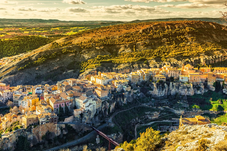 View over the old town of Cuenca situated on the top of the rocks, Castilla La Mancha, Spainの写真素材