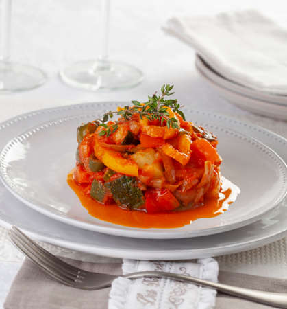 Hungarian lecso is a vegetable dish of stewed tomatoes, peppers, and onions.の写真素材