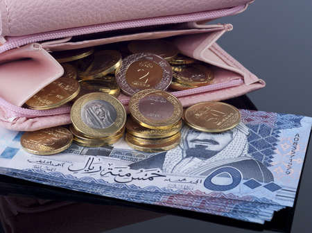 Purse, Open with Saudi Riyal Coins and 500 Banknotesの写真素材