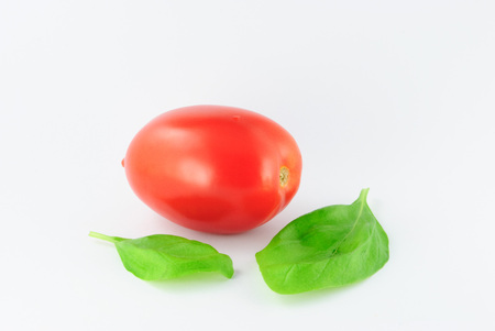 fresh tomato (roma / solanum lycopersicum) with green leaves on white backgroundの写真素材