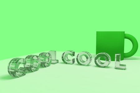 3D rendering of the English word "COOL" in letters of ice on yellow surface with green backgroundの写真素材