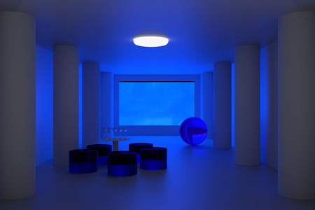 3D rendering of a futuristic room with empty wine glasses at the twilight hourの写真素材