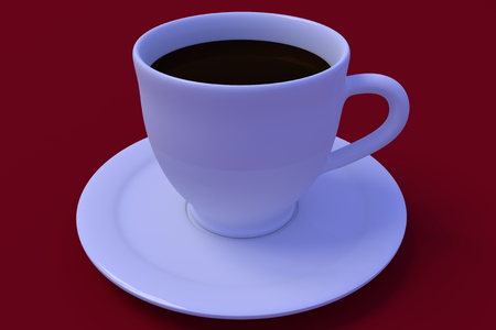 3D rendering of a white coffee cup with saucer on a tableの写真素材