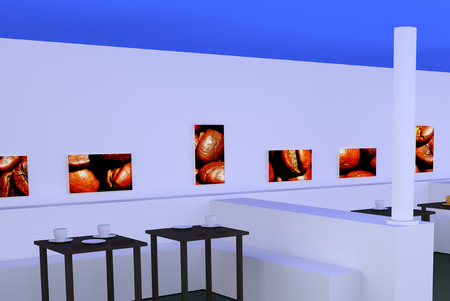 hall with tables, white and golden coffee cups and pictures of roasted coffee beansの写真素材