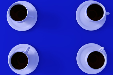 3D rendering of four white coffee cups with saucer on deep blue backgroundの写真素材