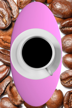 3D rendering of a white coffee cup with saucer standing on a pink board and a real world picture of pretty big, roasted coffee beans as backgroundの写真素材
