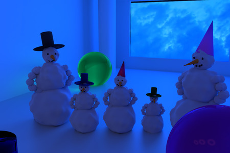 3D rendering of a happy snowman family with two sons and one daughter in a futuristic hallの写真素材