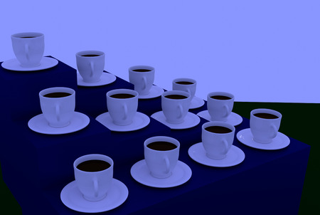 3D rendering of many white coffee cups with saucerの写真素材