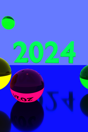 3D rendering of colorful glass balls on reflective surface and the year 2024