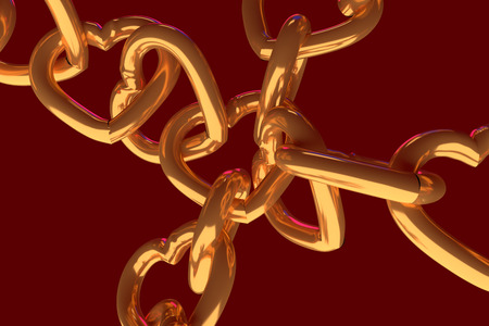 3D rendering of chains of golden hearts with red backgroundの写真素材