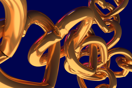 3D rendering of chains of golden hearts with blue backgroundの写真素材